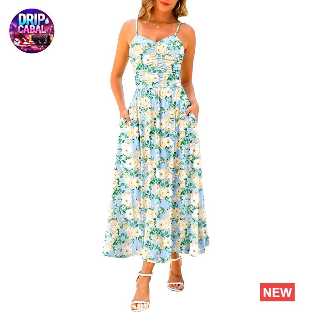 Adjustable Spaghetti Strap Ruched Maxi Dress with Pockets